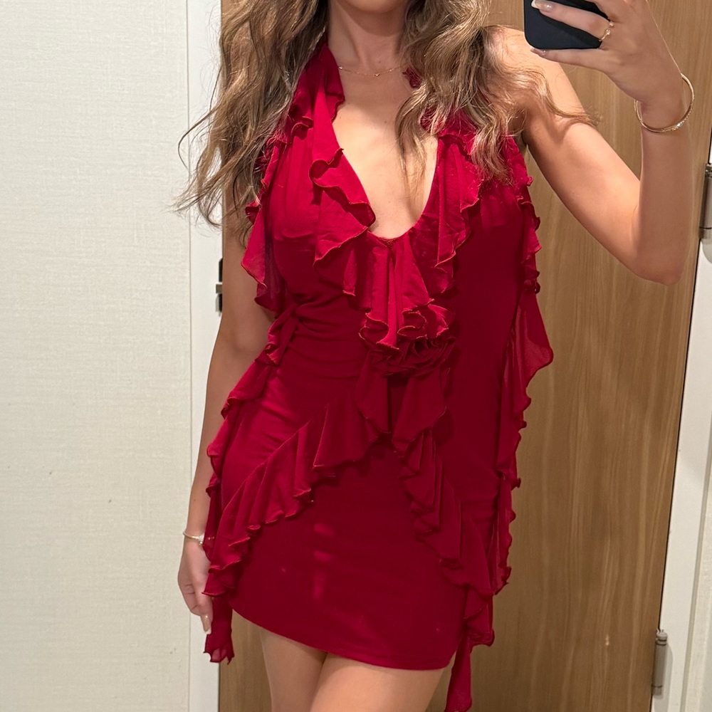 Red Ruffled Halter Dress - Picture 3 of 3